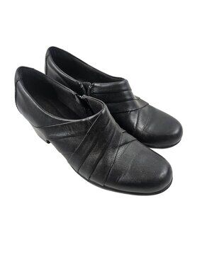 Clarks Collection Slip On Shoes Womens Size 9W Black Leather Block Heel Side Zip